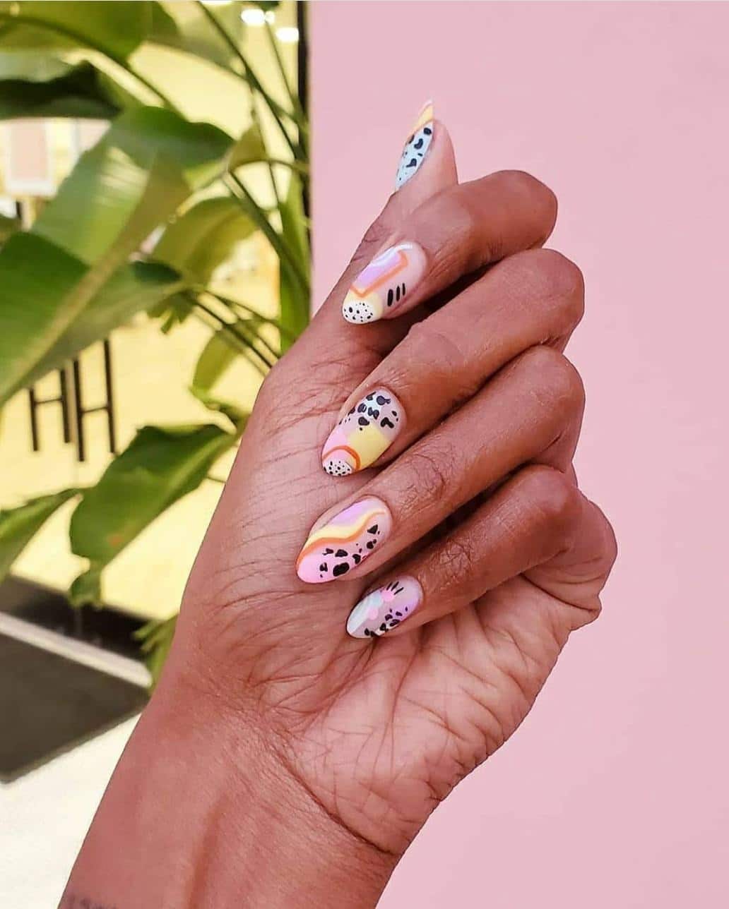 10. Mixed Animal Print Almond Nails with Lines and Dot Patterns - nail ideas with lines and dots