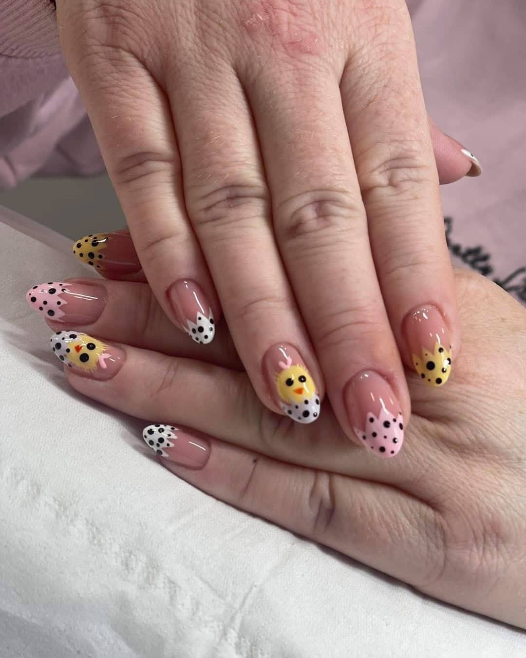 11. Nude Almond Nails with Pastel Chick Art and Polka Dot Tips - nail ideas with lines and dots