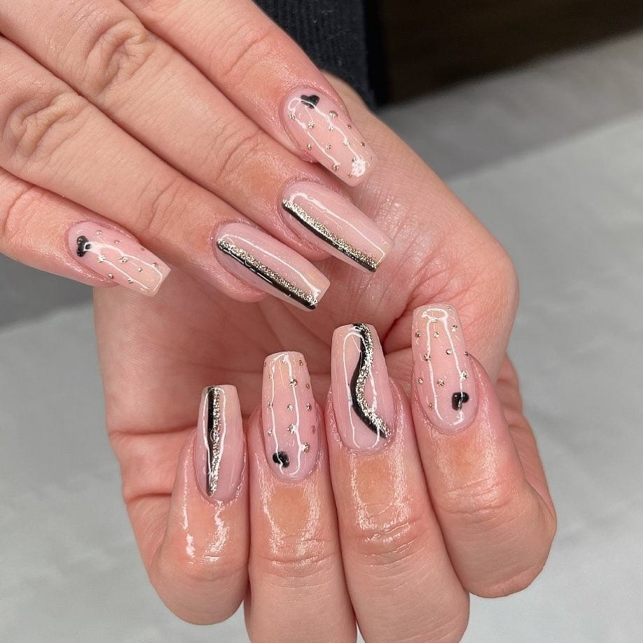 12. Blush Pink Coffin Nails with Metallic Lines, Rhinestones, and Heart Details - nail ideas with lines and dots