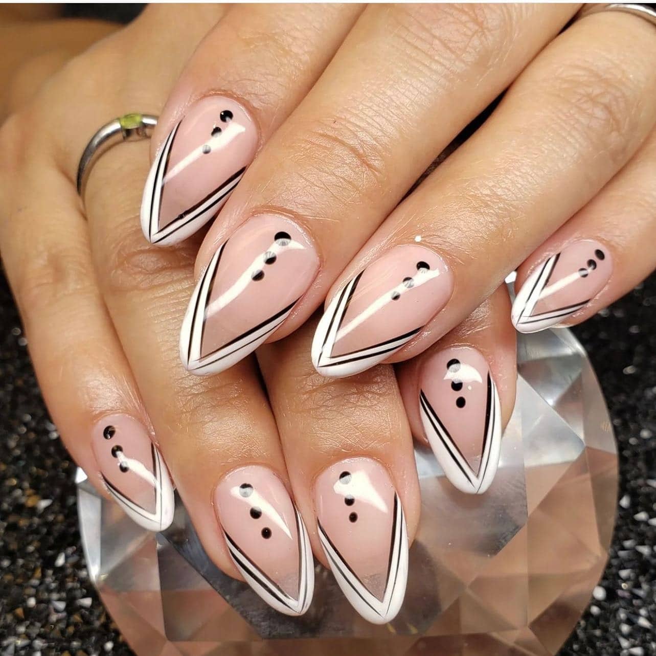 13. Nude Almond French Tip Nails with Black Lines and Dot Accents - nail ideas with lines and dots
