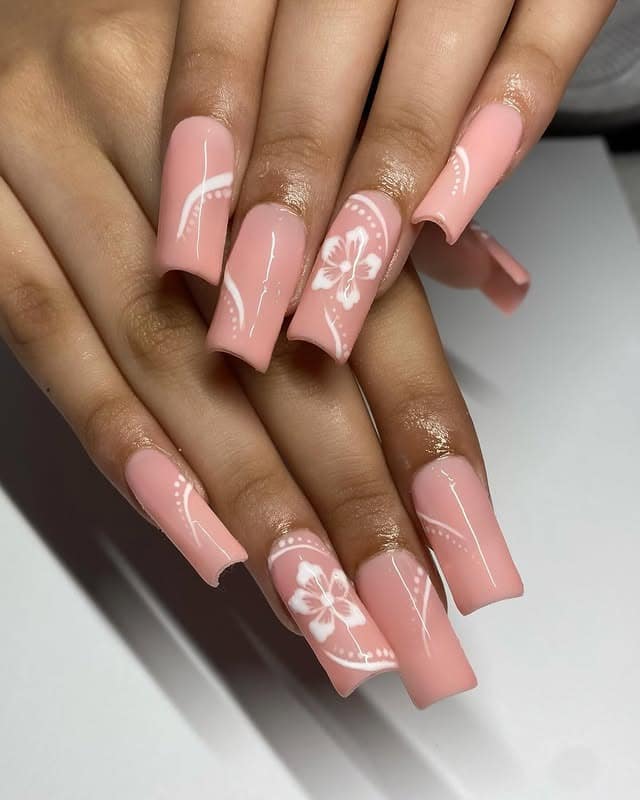 14. Peach Pink Coffin Nails with White Floral Lines and Dotted Details - nail ideas with lines and dots