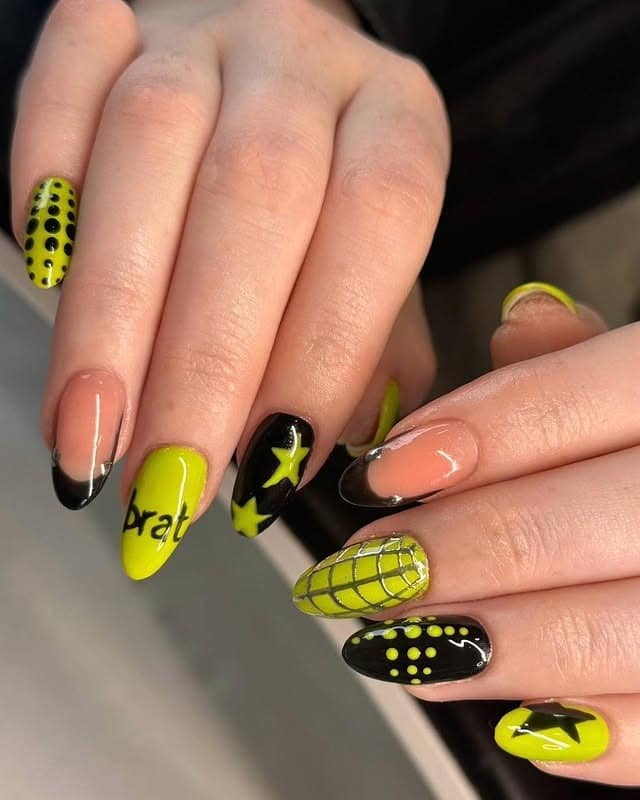 15. Neon Lime and Black Almond Nails with Stars, Lines, and Dot Patterns - nail ideas with lines and dots
