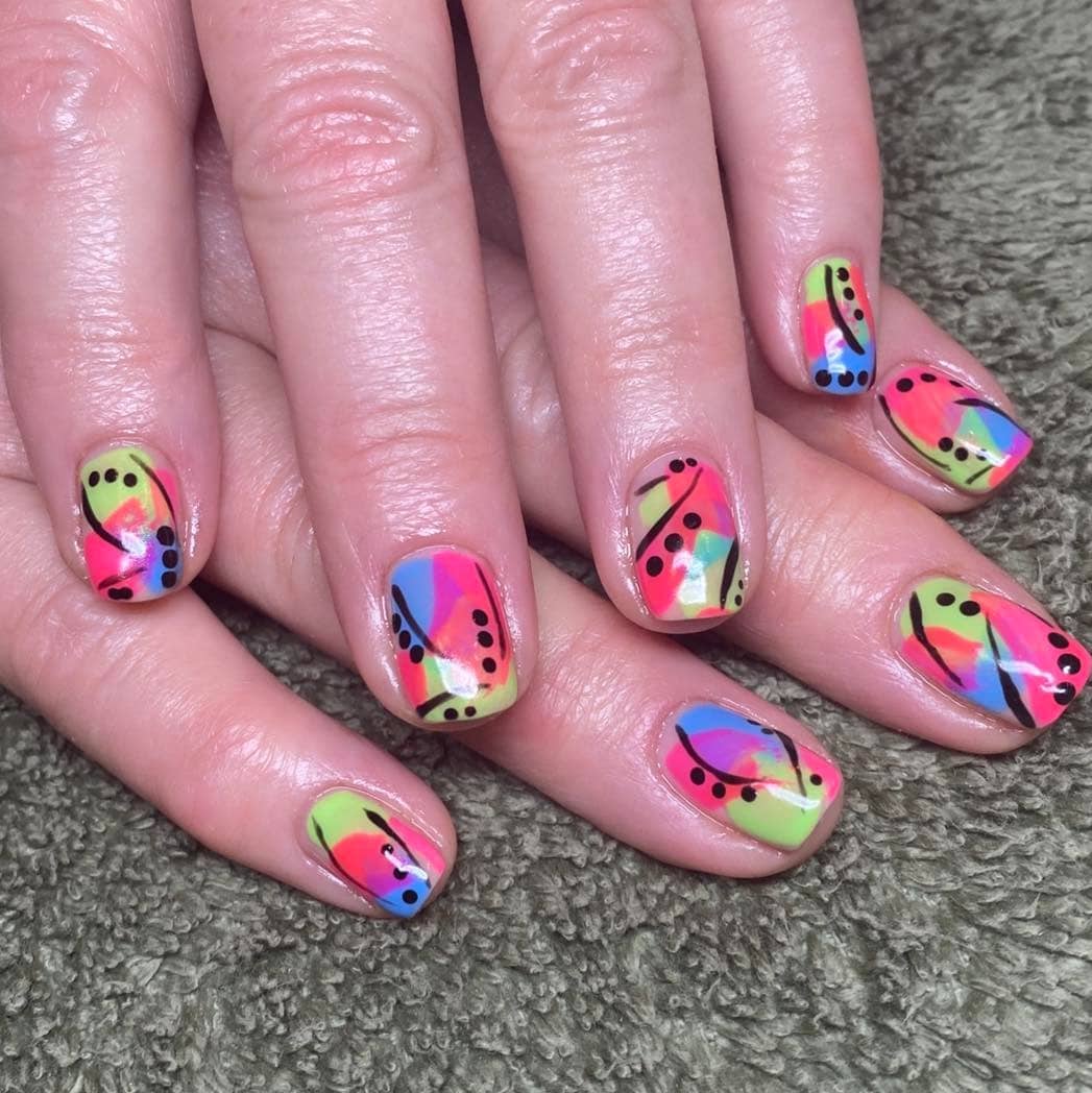 16. Rainbow Abstract Short Nails with Black Lines and Dot Clusters - nail ideas with lines and dots