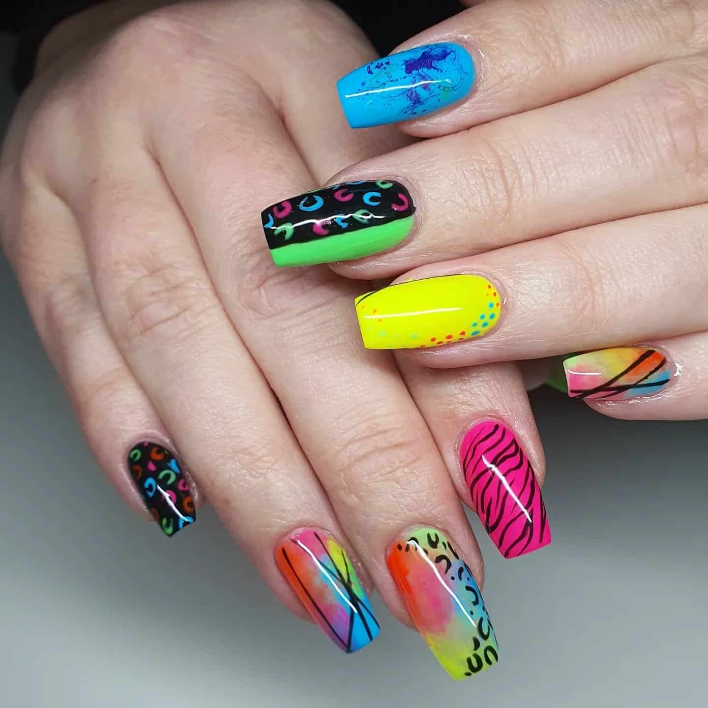 17. Multicolor Neon Square Nails with Graphic Lines and Dot Details - nail ideas with lines and dots