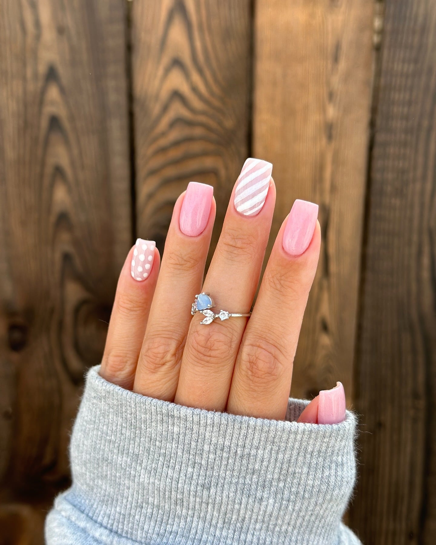 18. Soft Pink Square Nails with White Polka Dots and Diagonal Lines - nail ideas with lines and dots