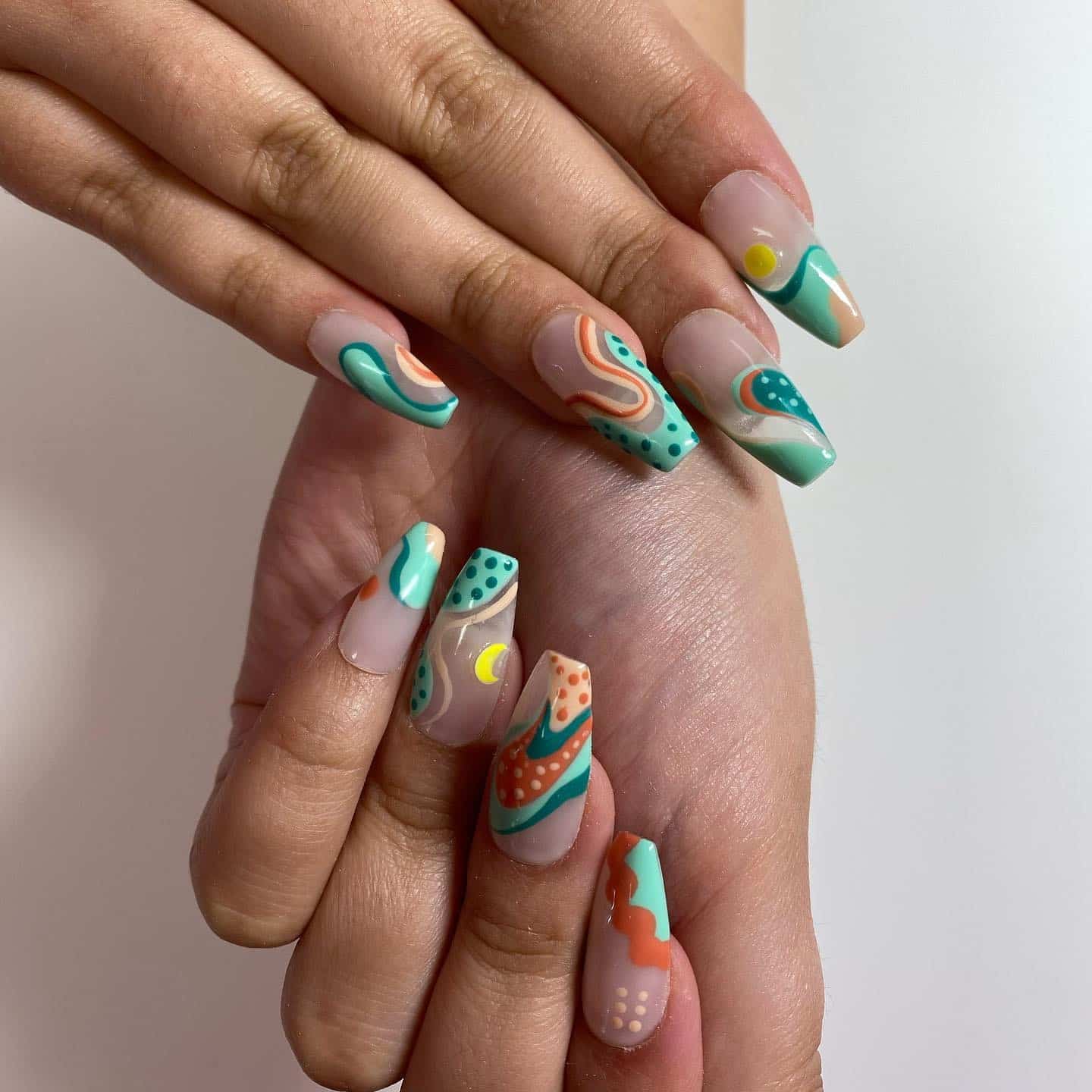 19. Neutral Square Nails with Teal Waves, Orange Lines, and Dot Patterns - nail ideas with lines and dots