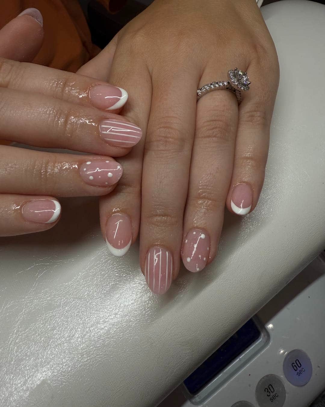 20. Glossy Nude Oval Nails with White French Tips, Lines, and Dots - nail ideas with lines and dots