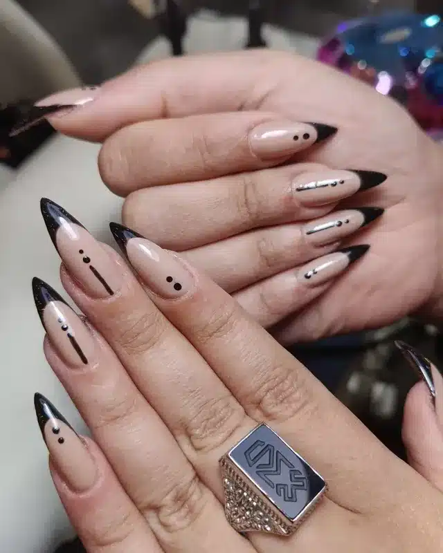 21. Nude Stiletto Nails with Black French Tips, Vertical Lines, and Dot Accents - nail ideas with lines and dots
