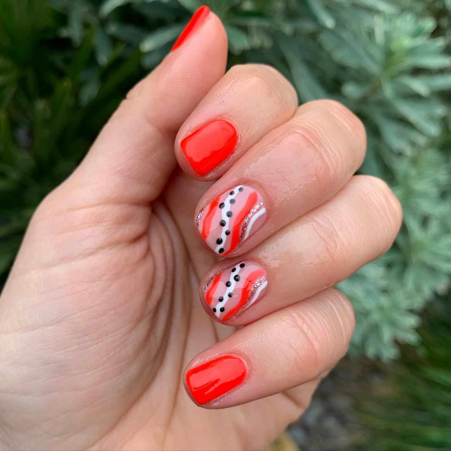 22. Neon Coral Short Square Nails with Black Dots and Curved Line Art - nail ideas with lines and dots