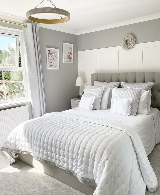 6. Classic White and Gray Bedroom with Paneled Wall Detail - white bedroom ideas