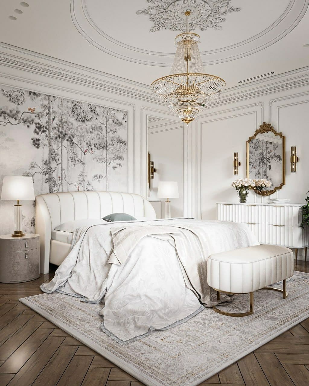11. Elegant White and Gold Bedroom with Ornate Ceiling Detail - white bedroom ideas