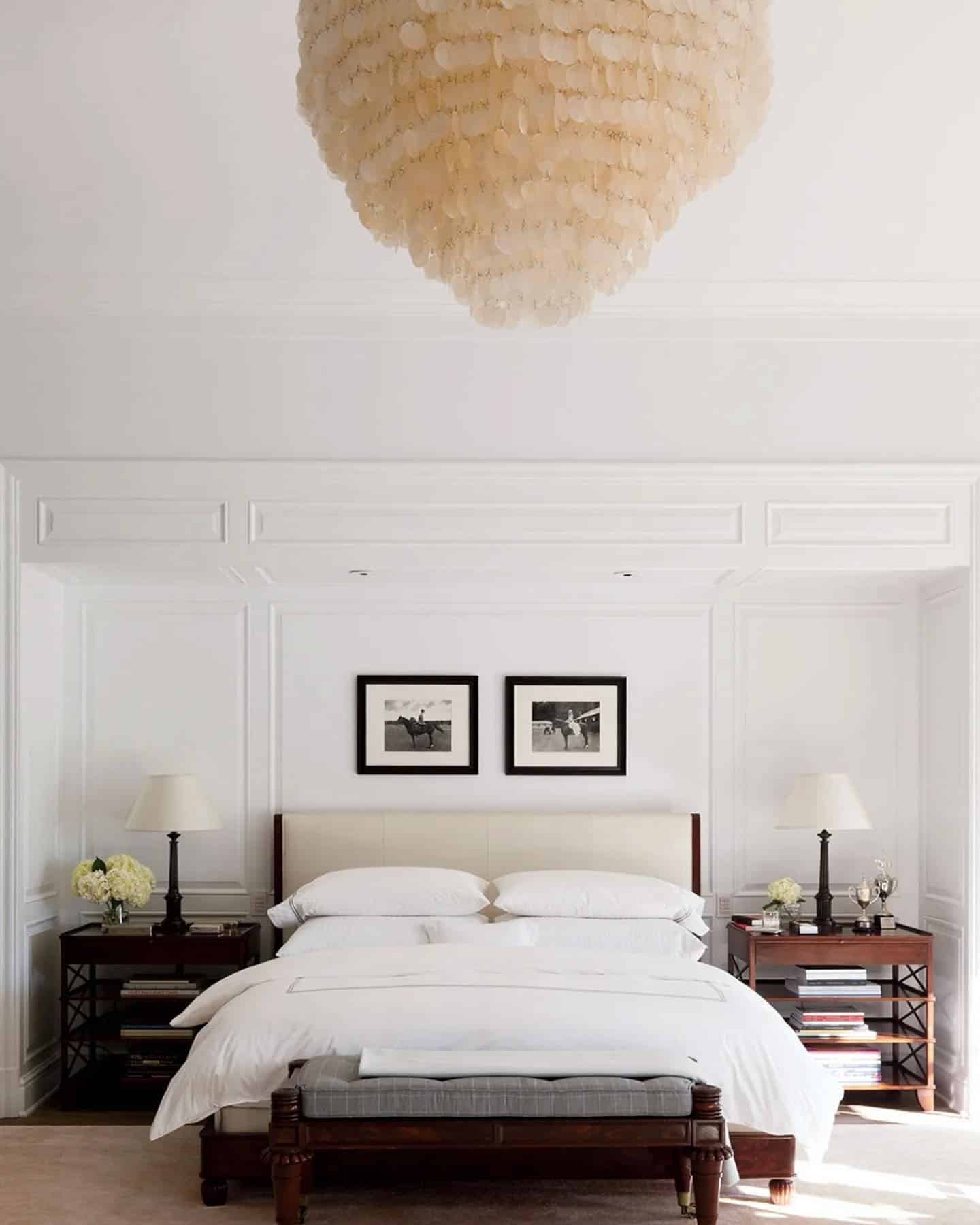 12. Classic White Bedroom with Dark Wood Accents - white bedroom ideas