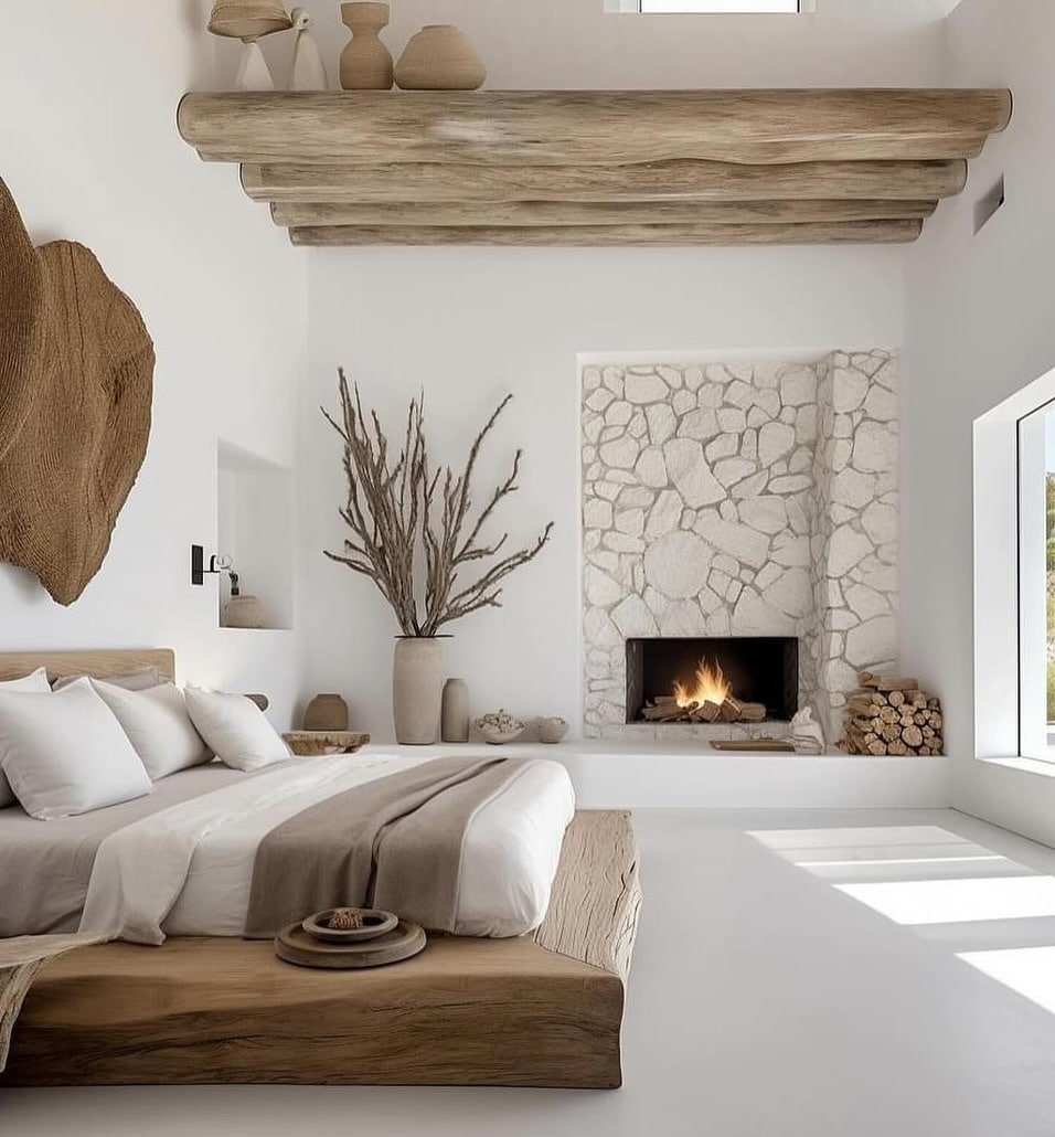 13. Natural White Bedroom with Rustic Wood and Stone Fireplace - white bedroom ideas