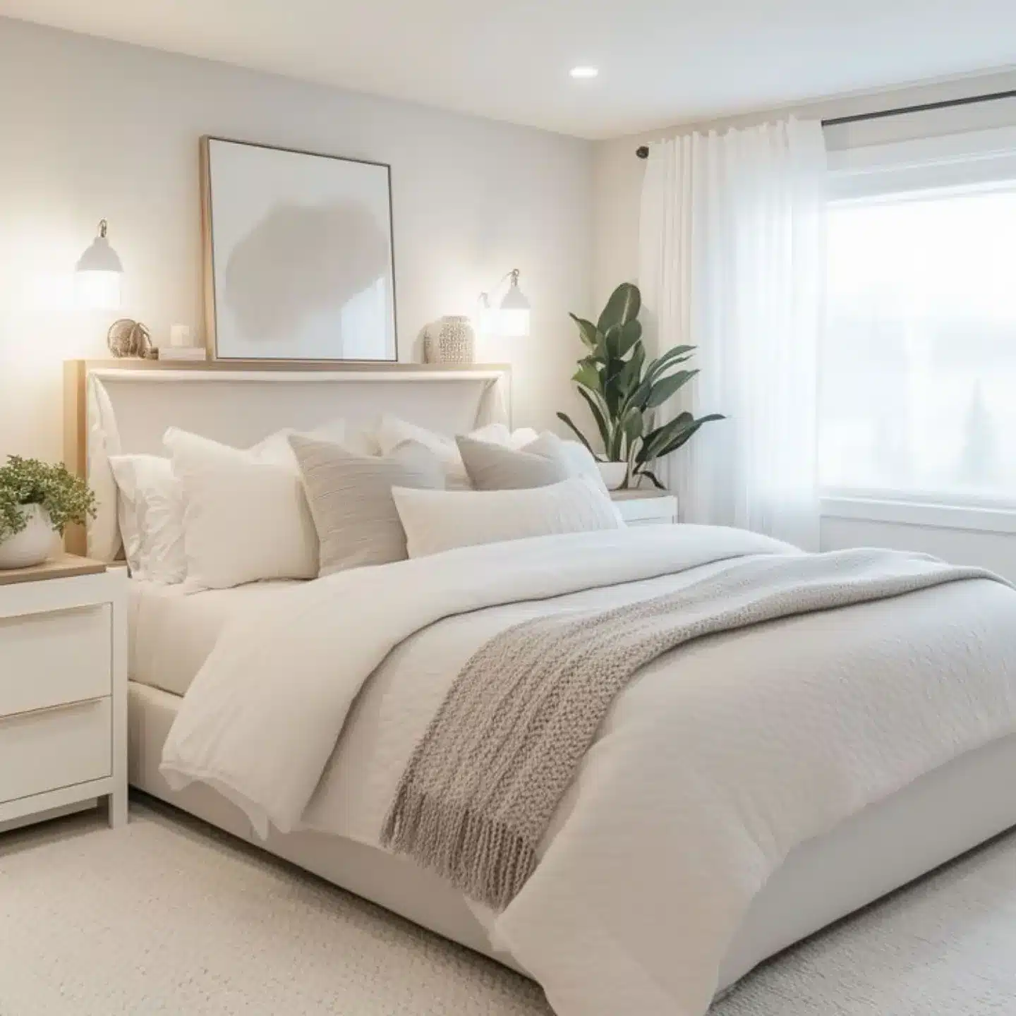 15. Soft White Bedroom with Neutral Layers and Greenery - white bedroom ideas