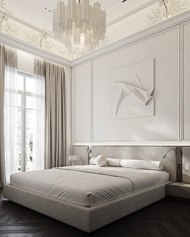 17. Contemporary White Bedroom with Sculptural Wall Paneling - white bedroom ideas