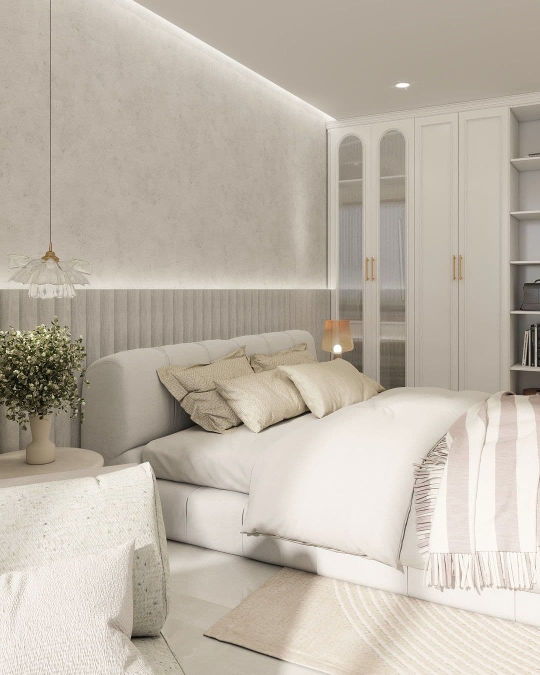 18. Warm Neutral and White Bedroom with Soft Lighting - white bedroom ideas