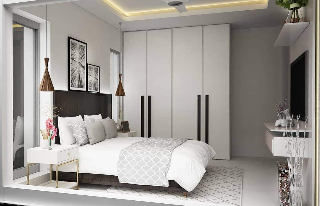22. Contemporary White and Walnut Bedroom with Built-In Wardrobes - white bedroom ideas