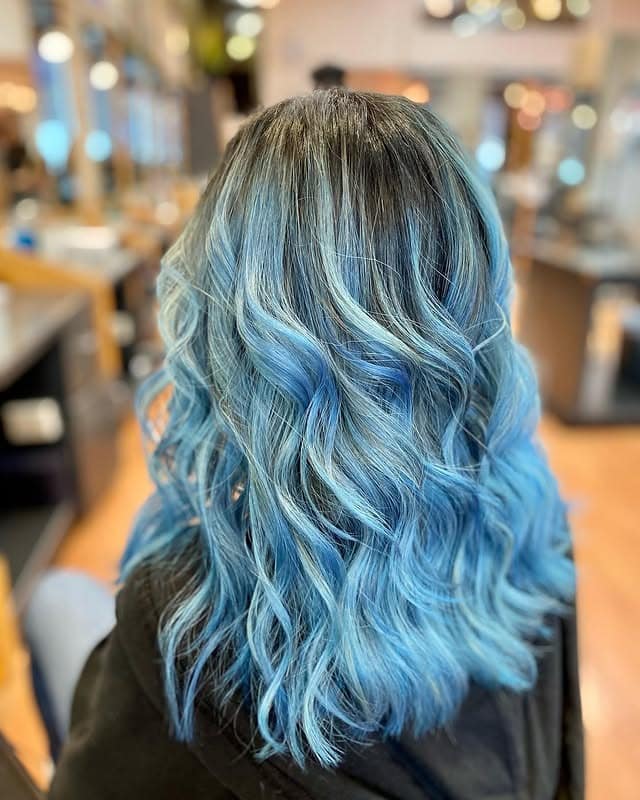 15. Dark Root Blue Melt Wavy Layers - Light Blue Hair Color