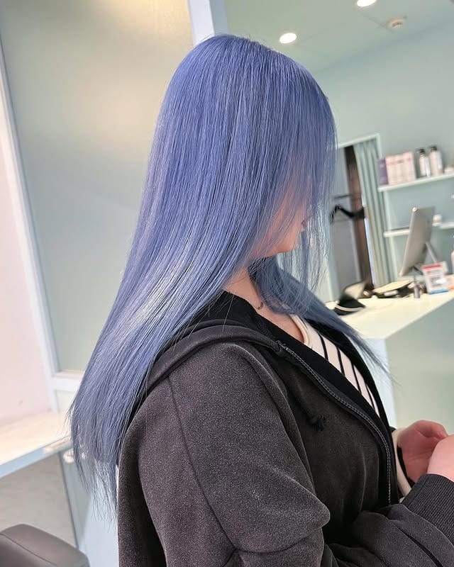 16. Steel Blue Sleek Long Layers - Light Blue Hair Color