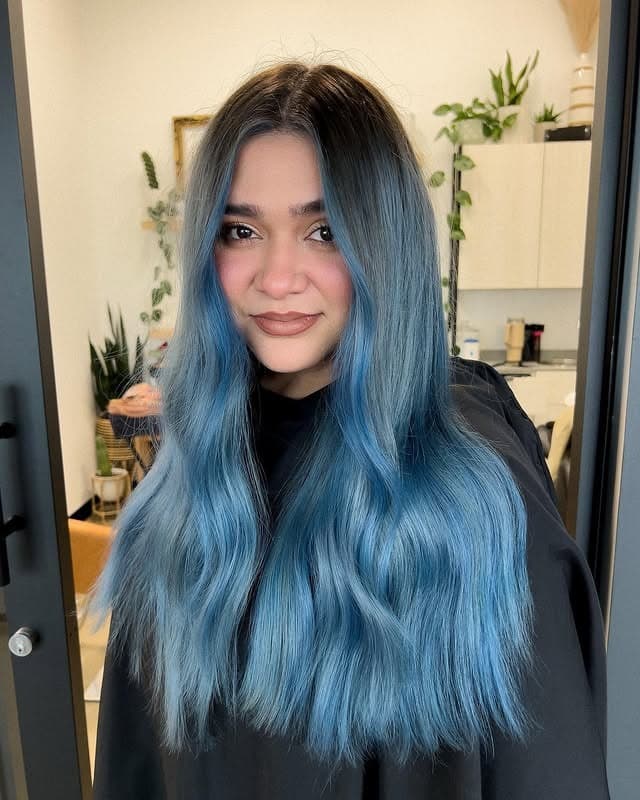 21. Smoky Light Blue Shadow Root Waves - Light Blue Hair Color
