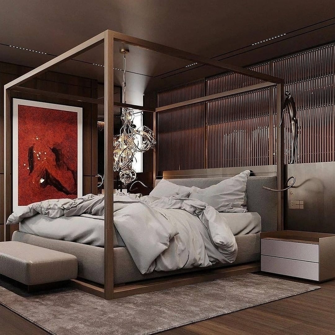 10. Luxury Earth Tone Canopy Bedroom with Walnut and Deep Bronze Accents - earth tones bedroom ideas