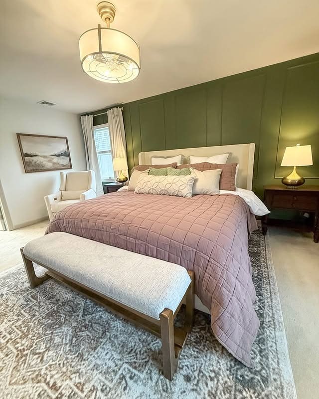 14. Olive Green and Blush Earth Tone Bedroom with Paneled Accent Wall - earth tones bedroom ideas