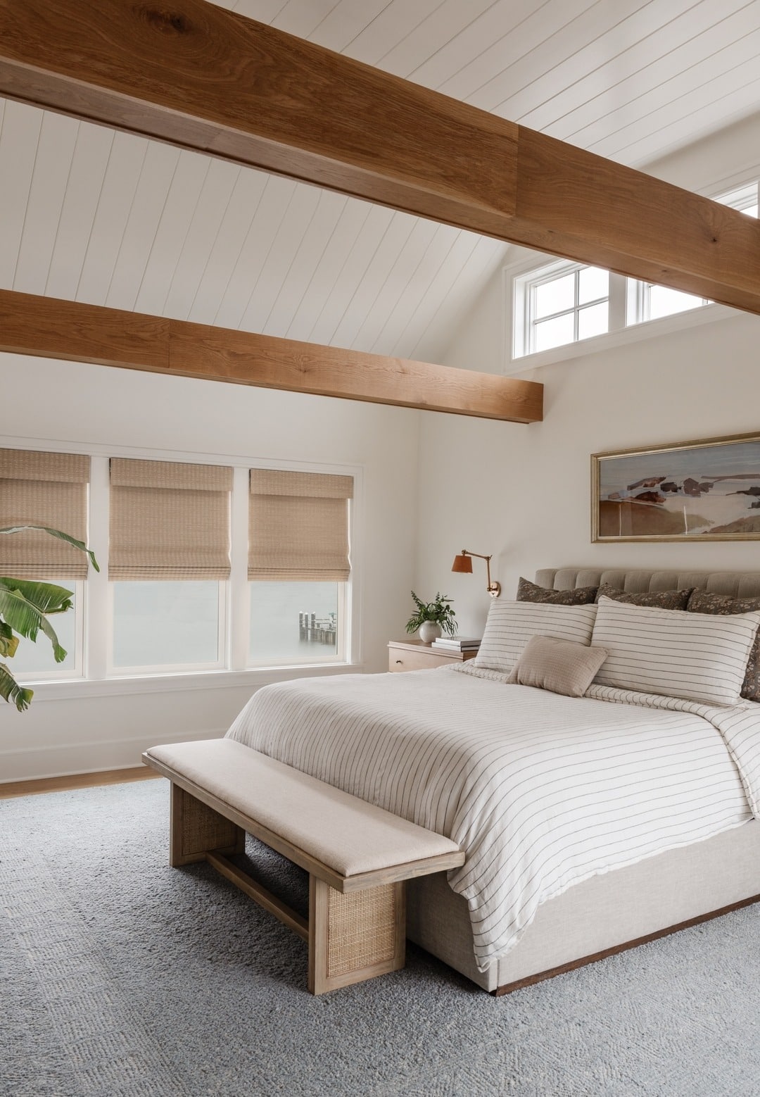 15. Coastal Earth Tone Bedroom with White, Oak, and Natural Fiber Details - earth tones bedroom ideas