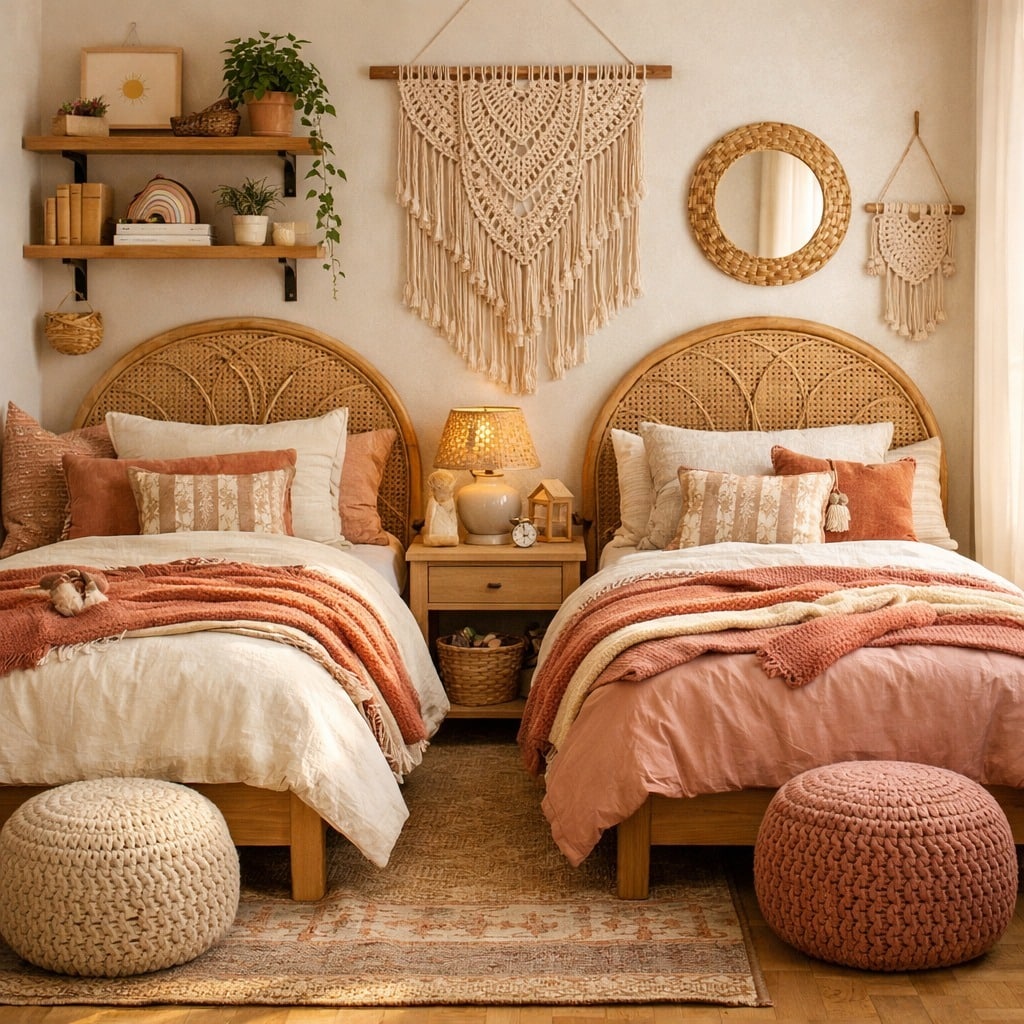 16. Boho Earth Tone Twin Bedroom with Terracotta and Natural Rattan - earth tones bedroom ideas