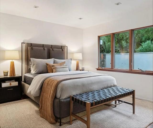 19. Contemporary Earth Tone Bedroom with Taupe, Leather, and Walnut - earth tones bedroom ideas