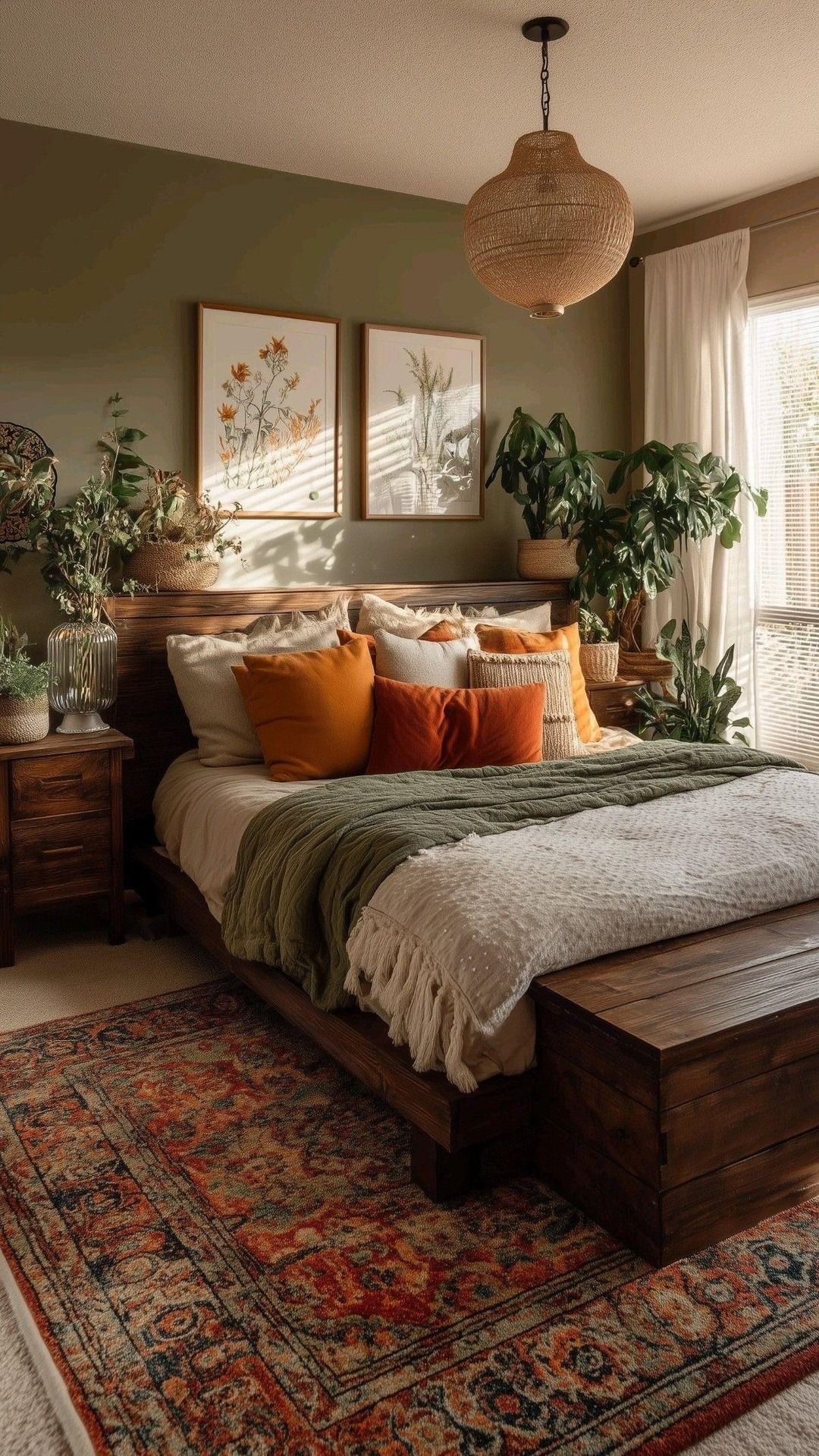 20. Moody Earth Tone Bedroom with Moss Green and Burnt Orange Accents - earth tones bedroom ideas
