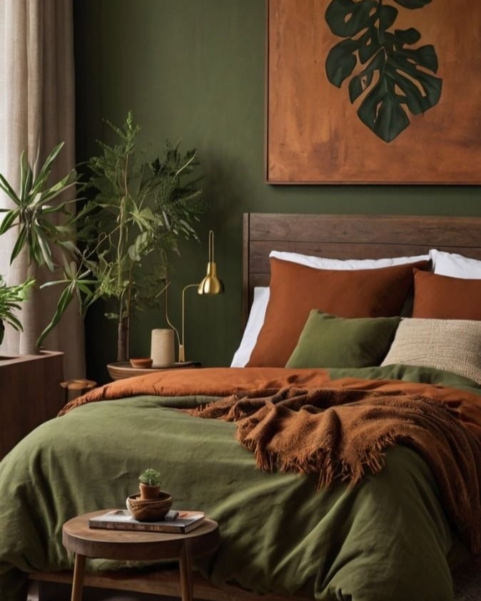 22. Deep Olive and Terracotta Earth Tone Bedroom with Botanical Accents - earth tones bedroom ideas