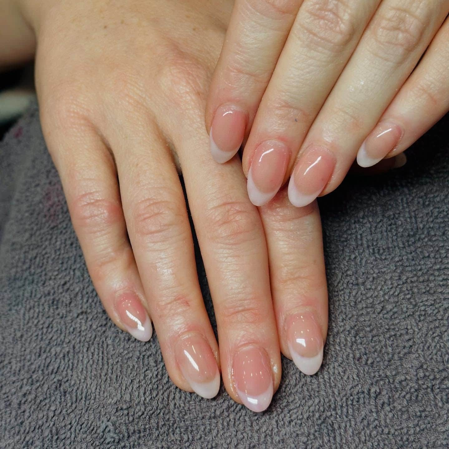 13. Soft Pink and Off White French Almond Nails - off white nail ideas