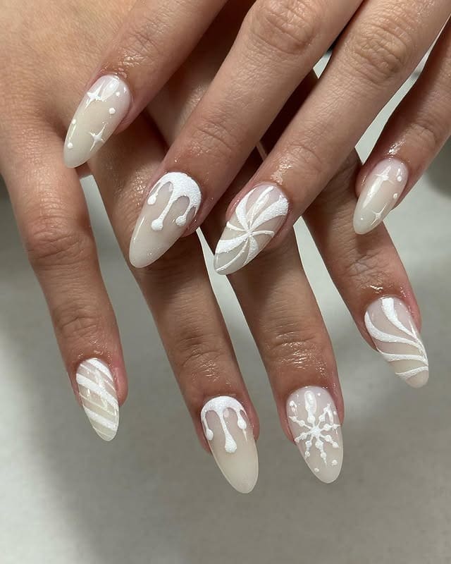 17. Off White Almond Nails with Raised Drip and Abstract Art - off white nail ideas