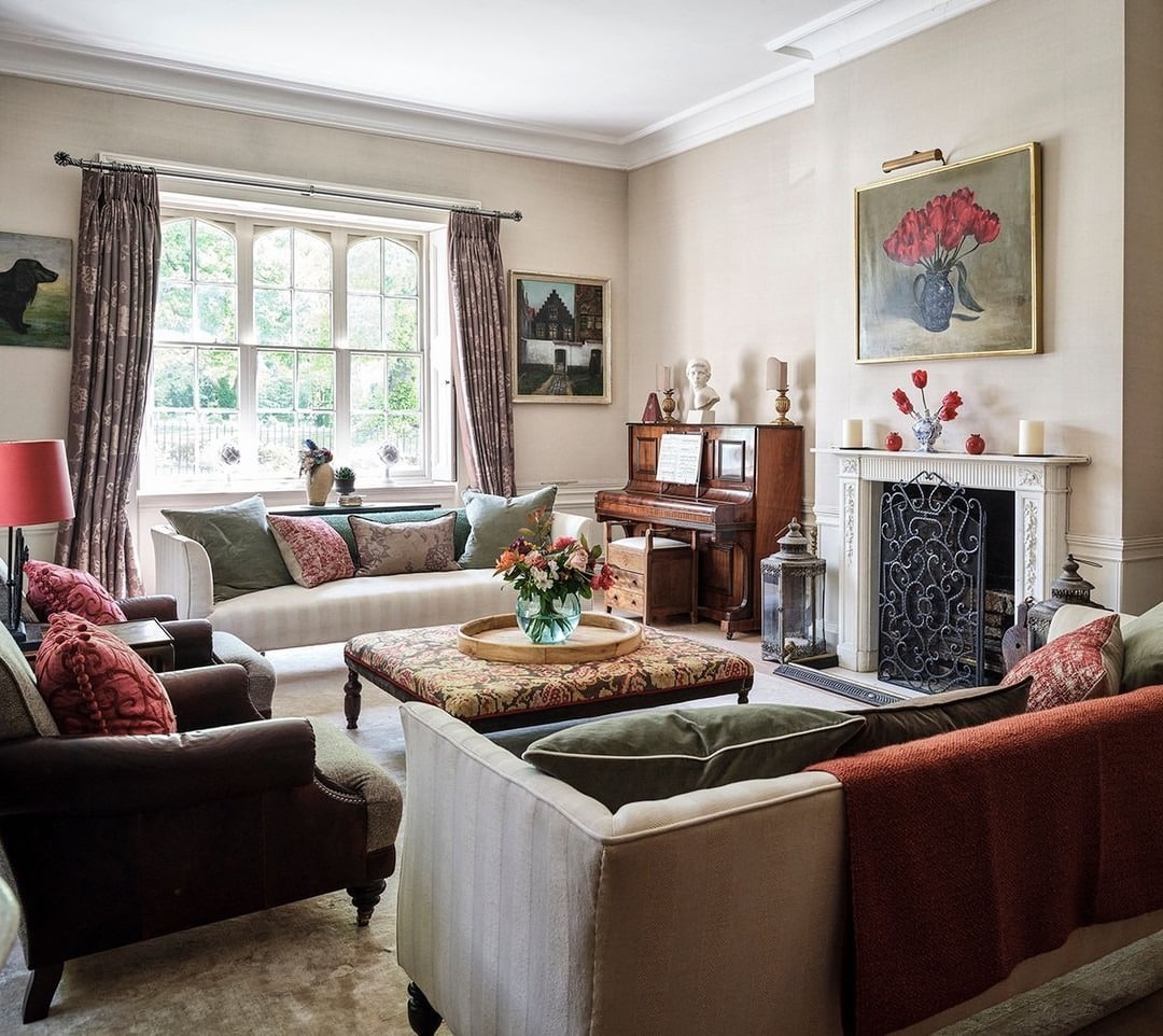 1. Classic English Country Living Room in Soft Neutrals and Rose Accents - country living room ideas