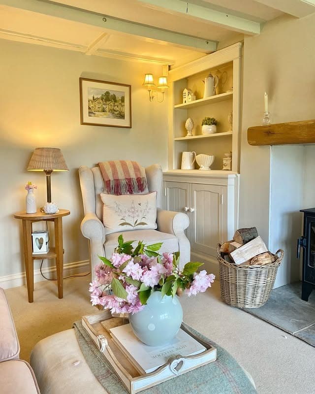 22. Soft Cottage Living Room with Cream Tones and Blush Floral Details - country living room ideas