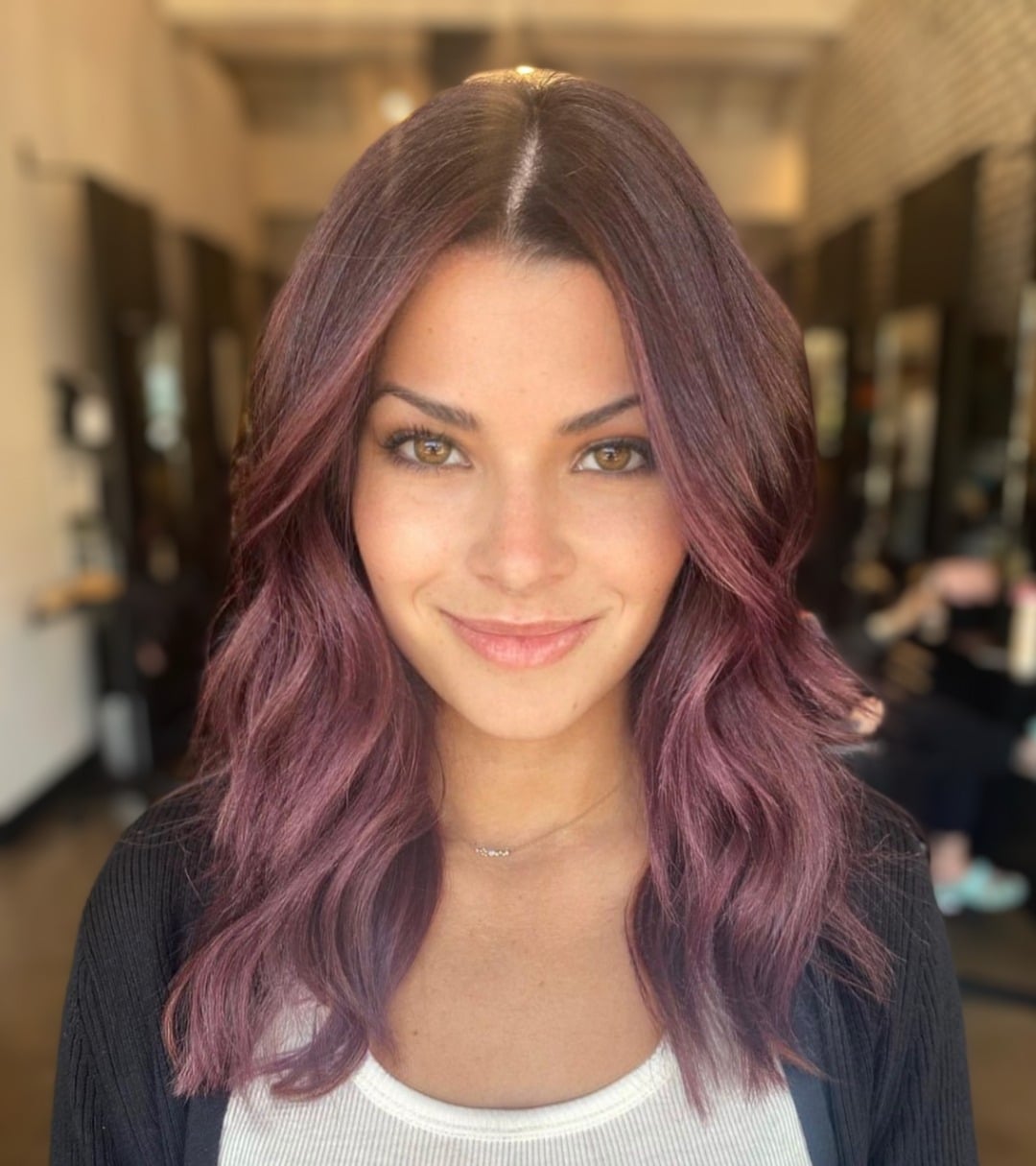 2. Soft Plum Lob with Face-Framing Layers - Plum Hair Color