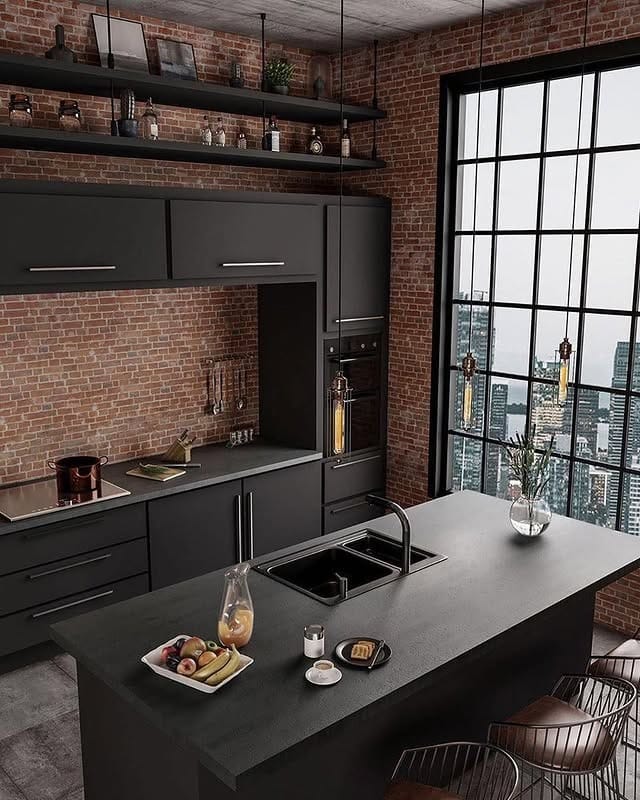 8. Dark Industrial Kitchen with Black Cabinetry and Floor-to-Ceiling Factory Windows - industrial kitchen ideas