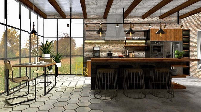 10. Industrial Farmhouse Kitchen with Brick Walls and Wood Beam Ceiling - industrial kitchen ideas