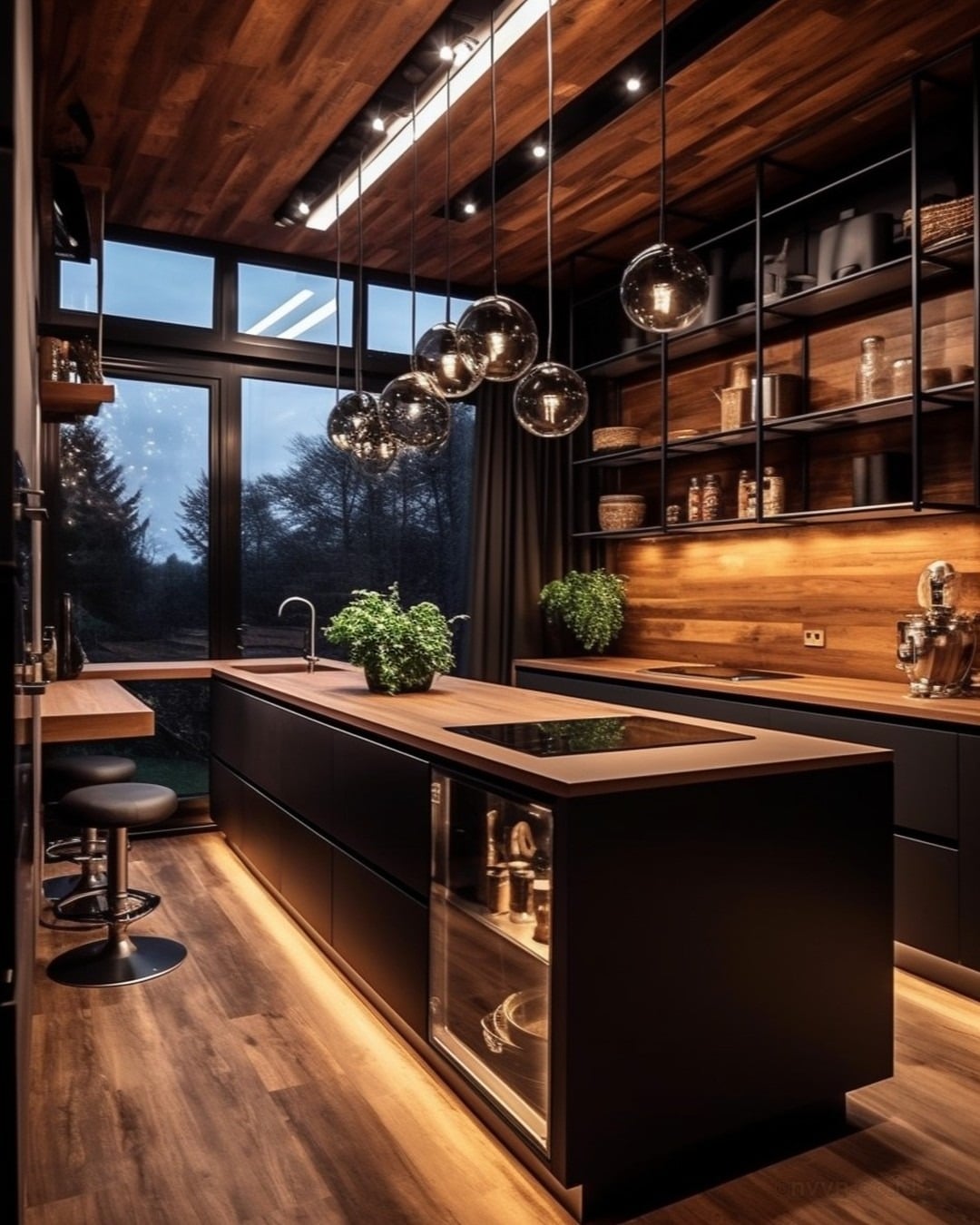 11. Dark Walnut Industrial Kitchen with Glass Globe Pendant Lighting - industrial kitchen ideas