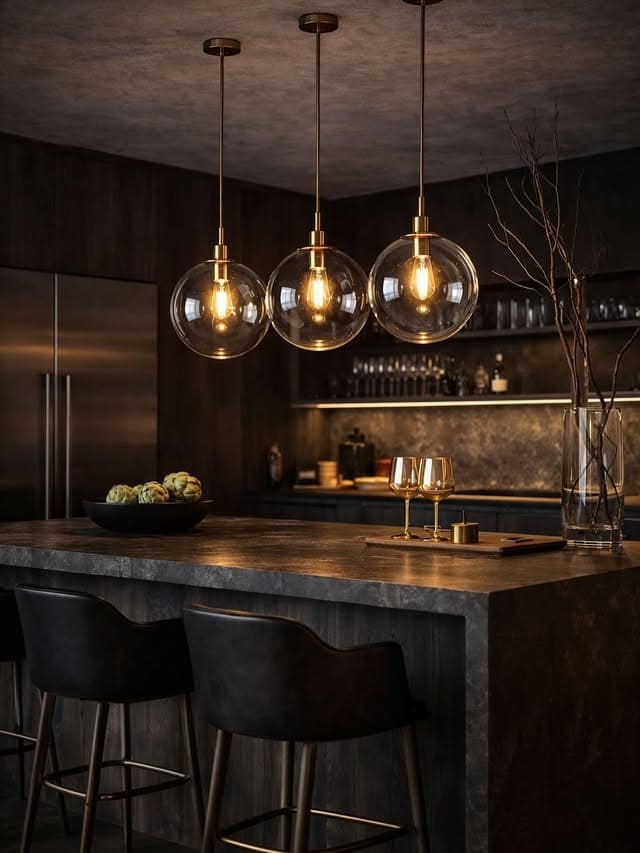 14. Moody Industrial Kitchen with Smoked Glass Pendant Lights and Dark Stone Island - industrial kitchen ideas