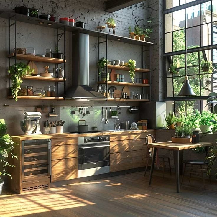 17. Urban Industrial Kitchen with Open Shelving and Natural Wood Cabinets - industrial kitchen ideas