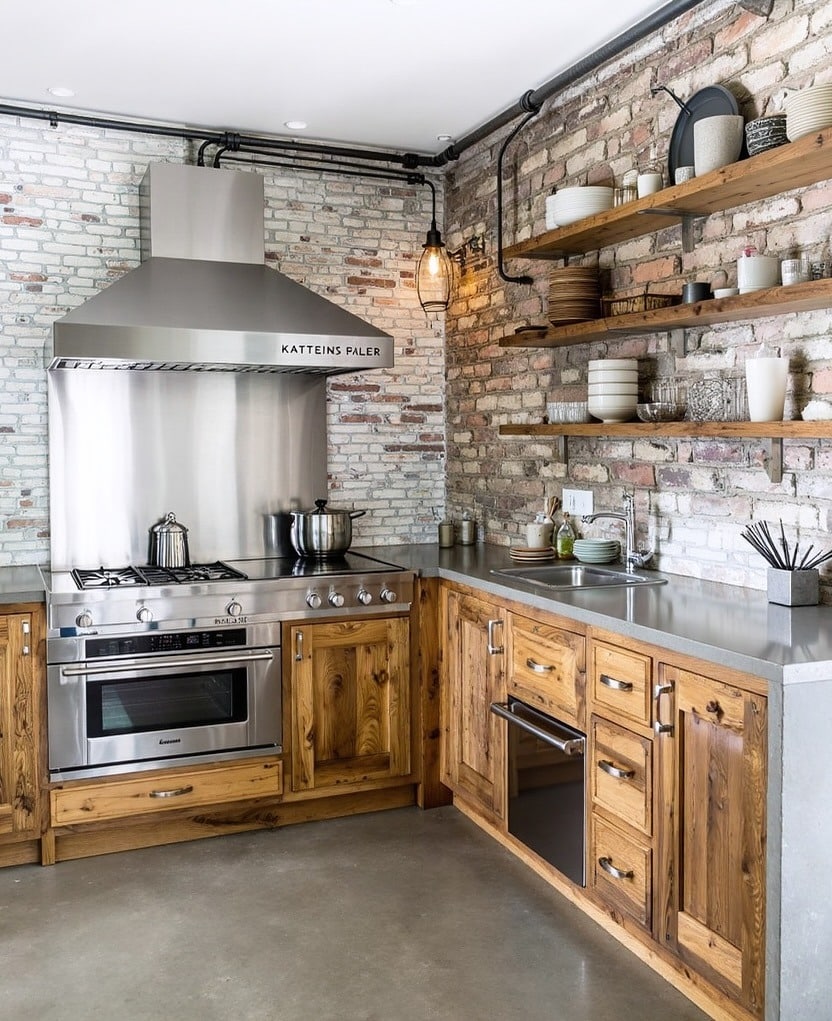21. Rustic Industrial Kitchen with Natural Wood Cabinets and Exposed Brick Wall - industrial kitchen ideas