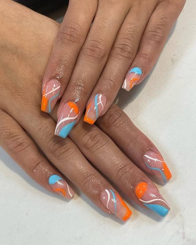 9. Medium Square Abstract Orange and Blue Line Nails - orange and blue nail ideas