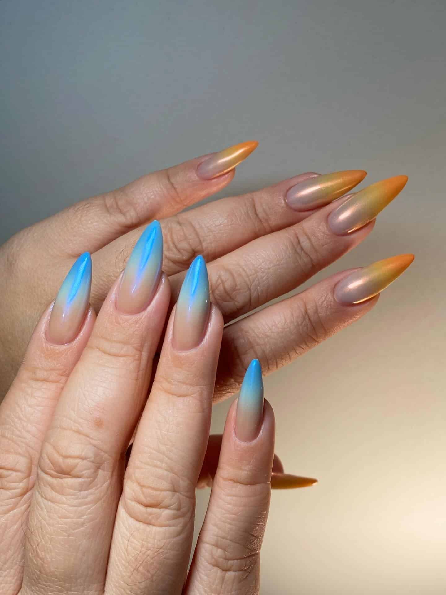 18. Long Almond Chrome Gradient Nails in Blue and Orange - orange and blue nail ideas