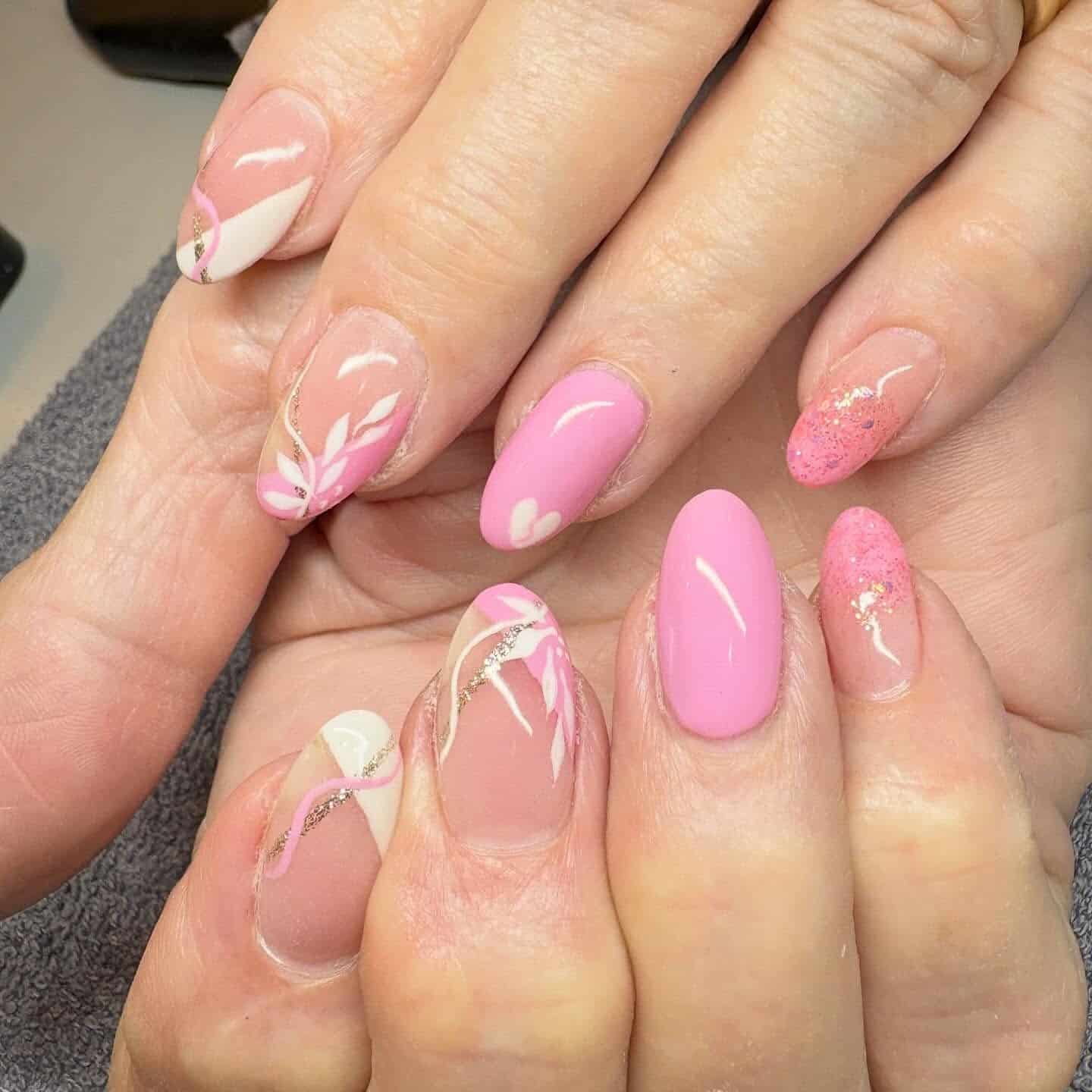 7. Pastel Pink Botanical Almond Nail Art - pastel pink nail ideas