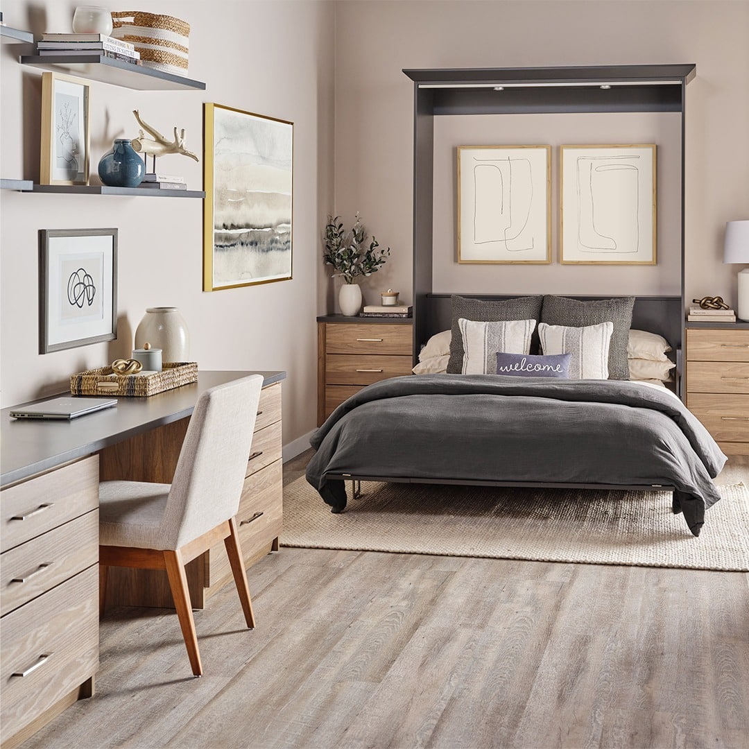 1. Warm Neutral Bedroom Office With Built-In Desk and Floating Shelves - home office bedroom ideas