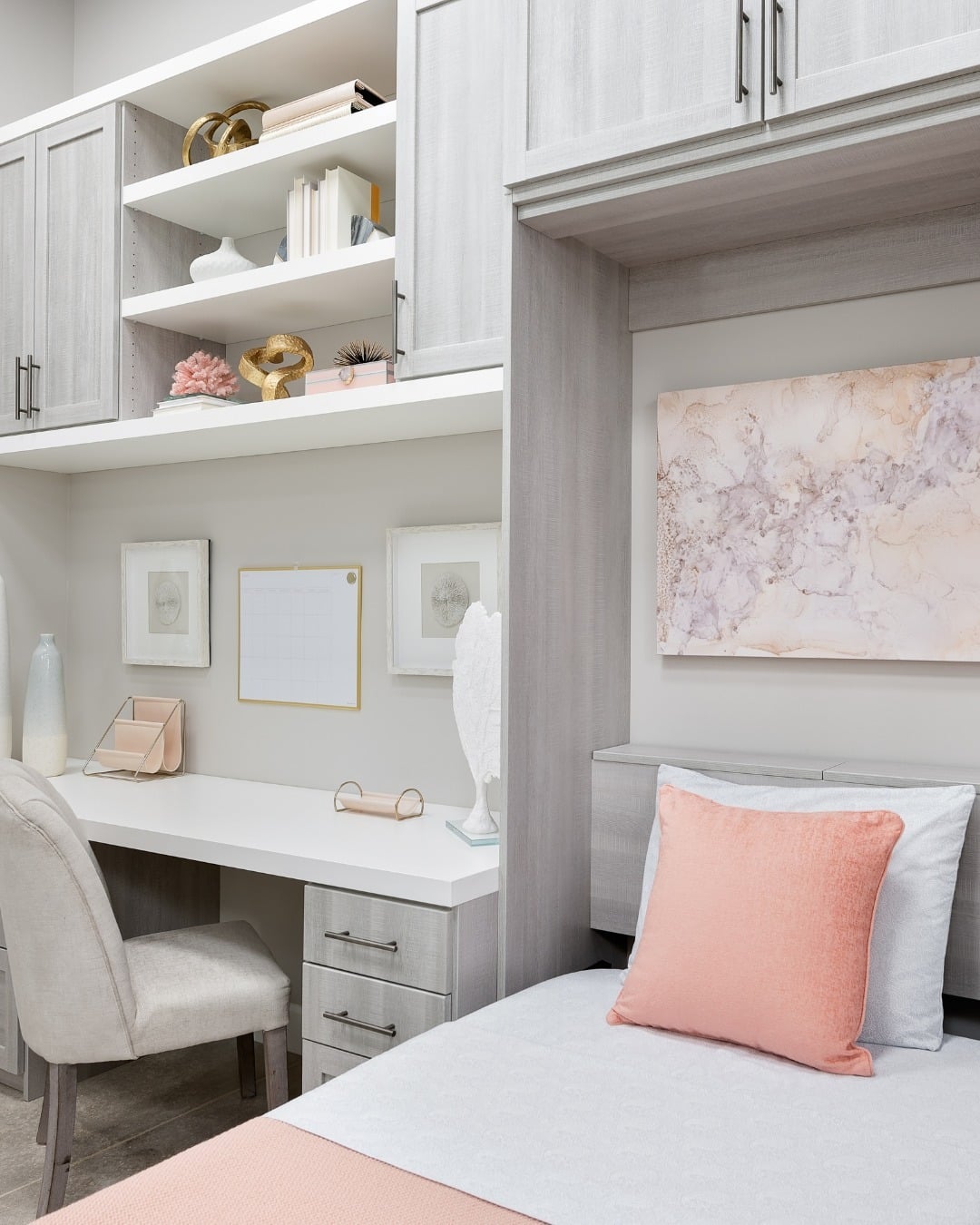 4. Soft Gray Bedroom Workspace With Built-In Desk and Decorative Shelving - home office bedroom ideas