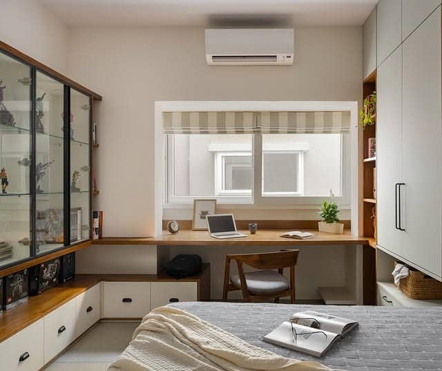 6. Bright Window Desk Bedroom Office With Integrated Wardrobe - home office bedroom ideas