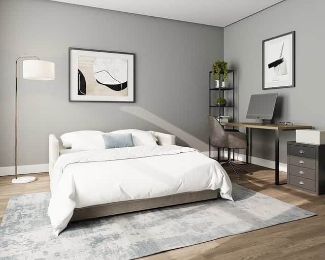8. Modern Gray Bedroom Office With Simple Desk Setup - home office bedroom ideas
