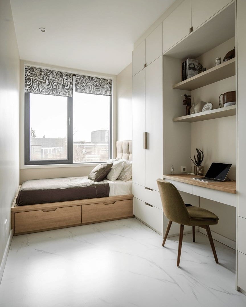 11. Minimal Beige Bedroom Office With Built-In Desk and Storage Bed - home office bedroom ideas